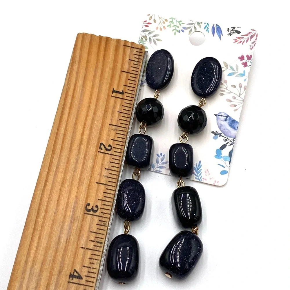 Earrings Artisan Stone ? Beaded Dark Navy Gold Specks Heavy 4”